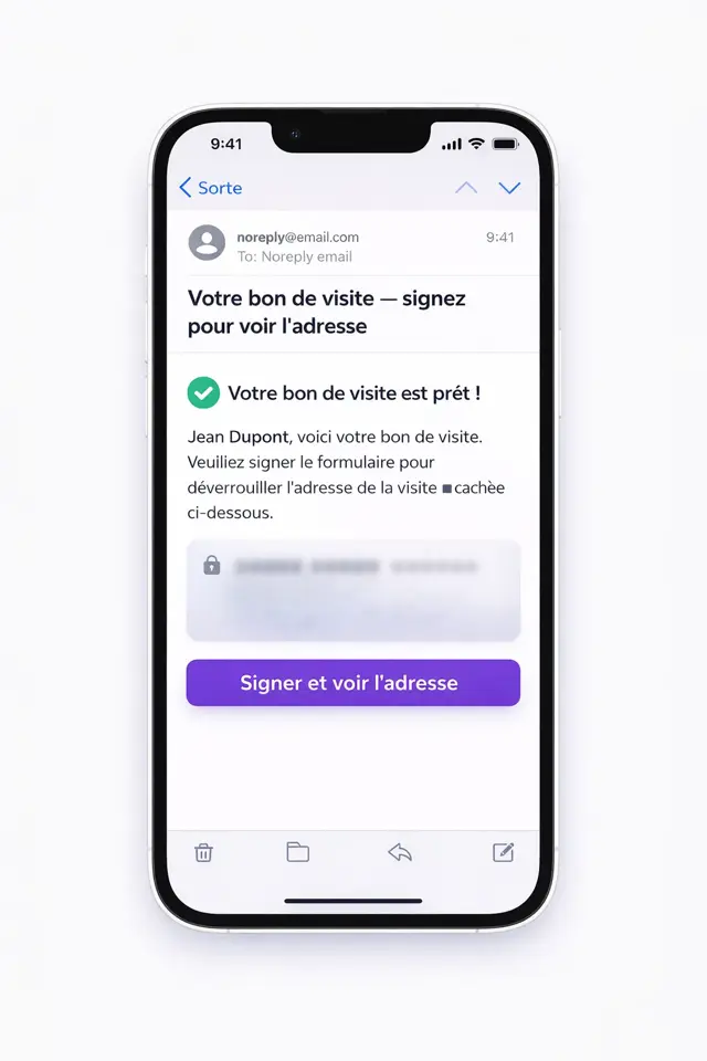 Email reçu par le client pour signer le bon de visite